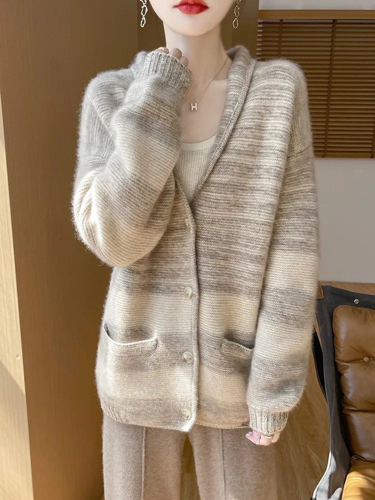 

100% Merino Wool Women's V-neck Button Up Cardigan Mid To Long Casual Fashionable Knitted Sweater Loose Jacket