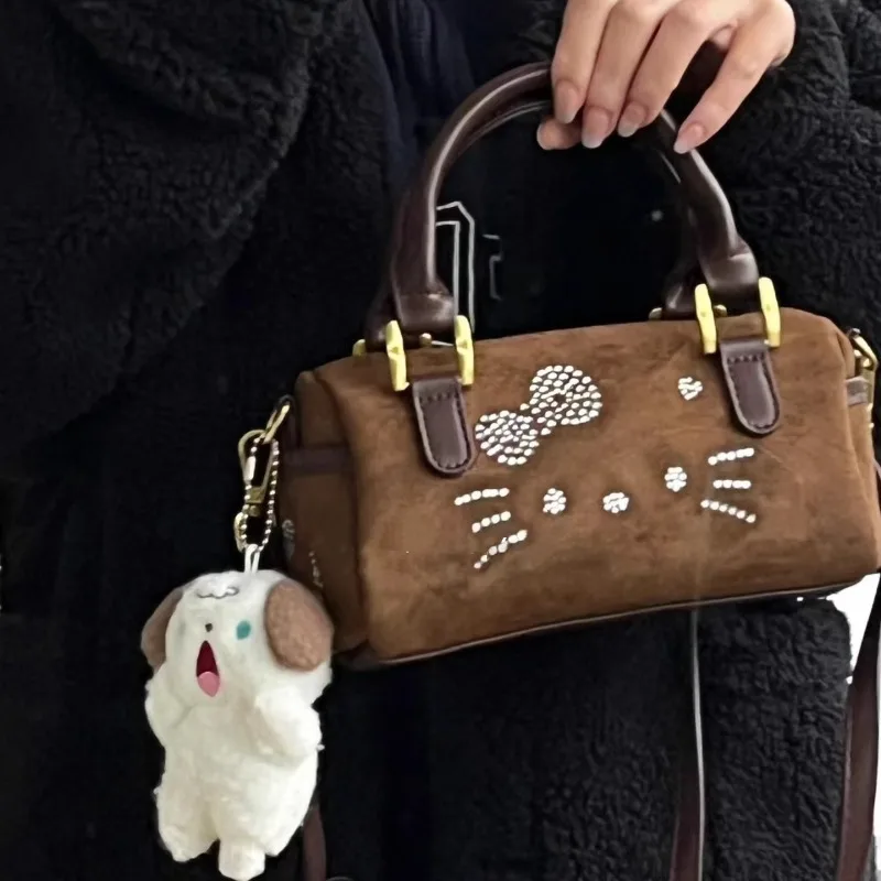 

Xiuya Y2k Hello Kitty Shoulder Bag for Women Vintage Cute Brown Barrel-shaped Handbag Fashion Kawaii New Female Aesthetic Bags