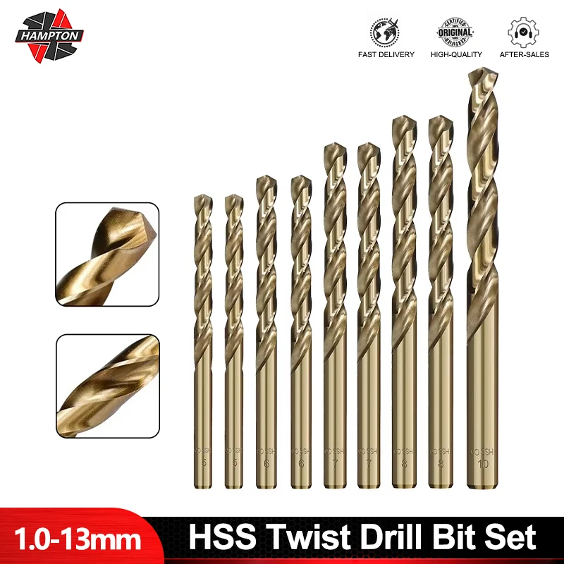 

HAMPTON 10PCS 1.0-13mm Cobalt Coated Twist Drill Bit Set HSS M35 Gun Drill Bit For Wood/Metal Hole Cutter Power Tools
