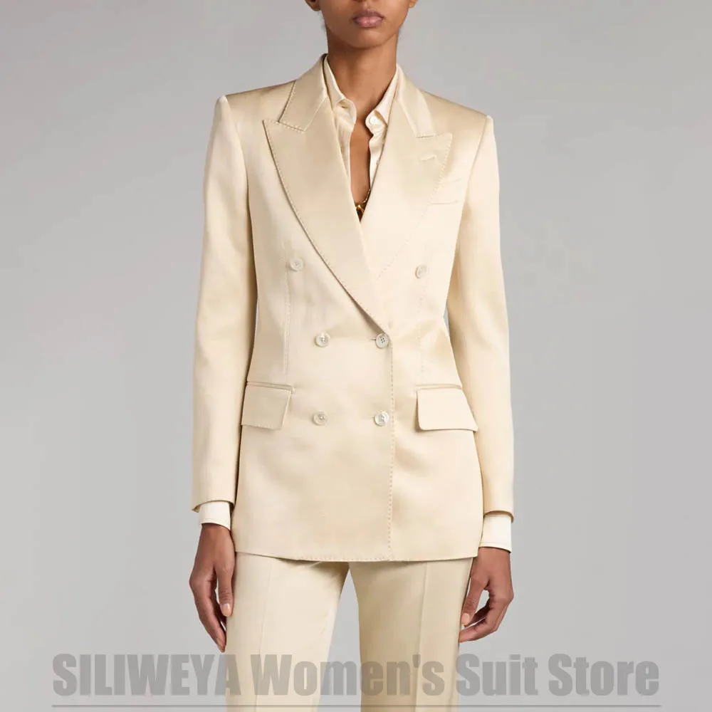 Chic Satin Women's Double Breasted Suit 2 Piece Peak Lapel Formal Outfit for Wedding Prom Business Event Shiny Fabric Suits