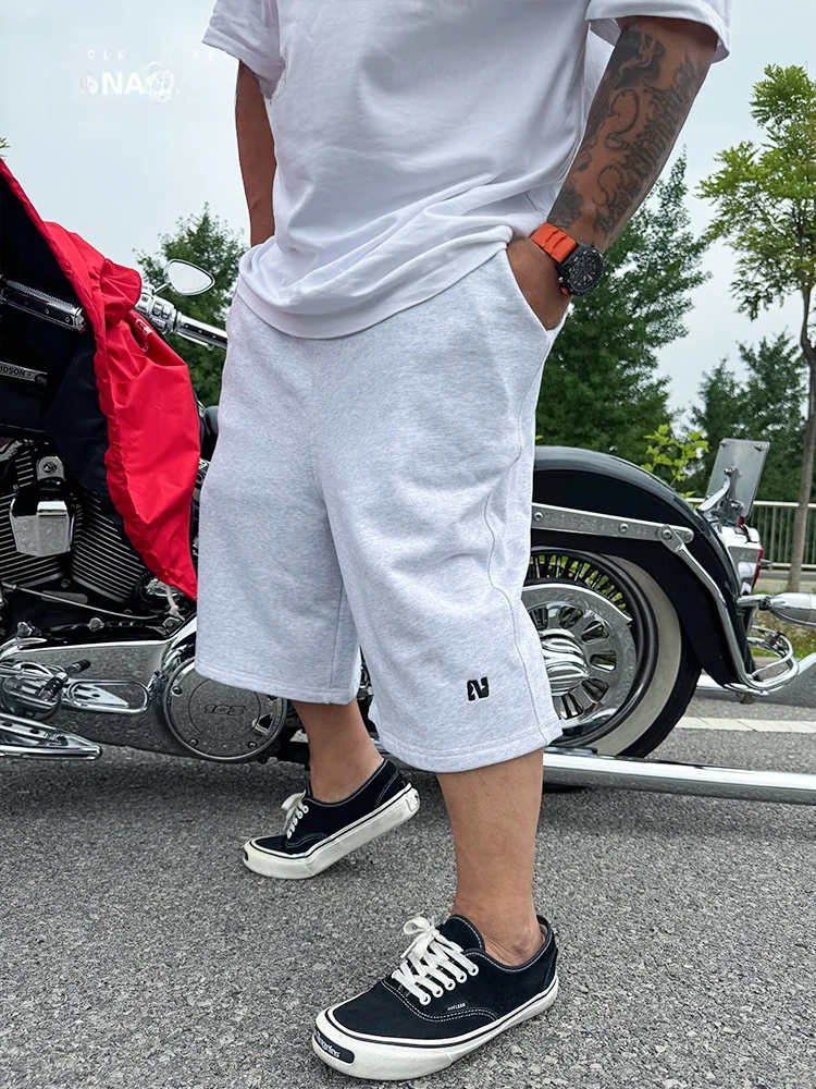 

NE Nuclear Explosion Loose Wide Leg Cotton Shorts Men's Casual Elastic Waist Seven-Quarter Length Grey Loose Fit Street Style