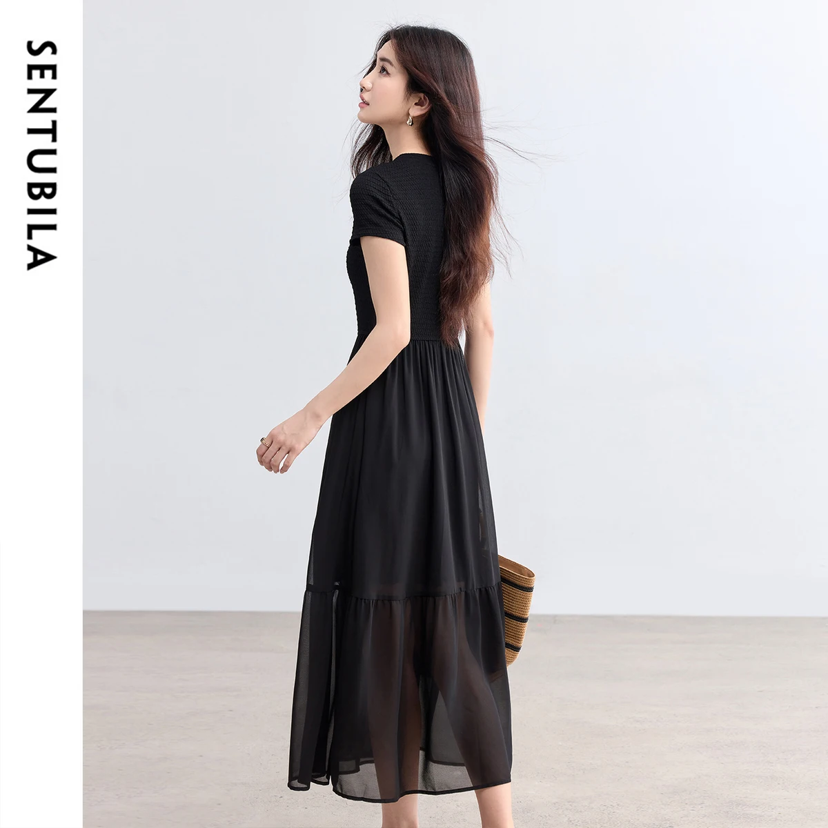 SENTUBILA Knitted Dress Women's Summer Simple Splicing Pleated Black Dresses 2025 New Collection Elegant Woman Clothes 152L59138