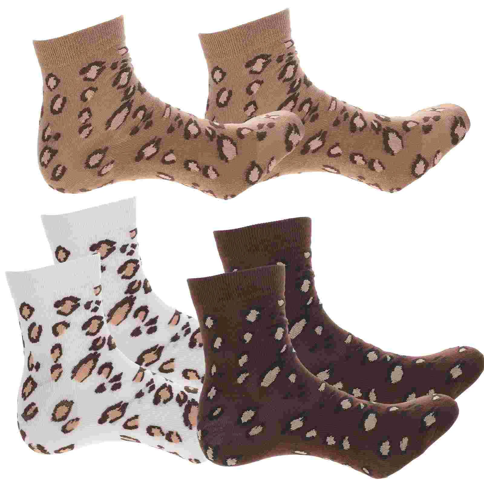 3 Pairs Dark Brown Socks Winter Girls Thicken Protective Leopard Mid-tube Fashion