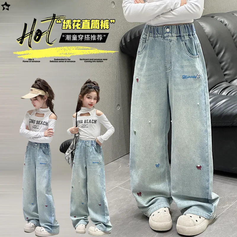 

Джинсовые брюки для девочек, широкие джинсы с вышивкой бантом и инкрустацией бисером, детские свободные прямые брюки, Новое поступление на 2025 год