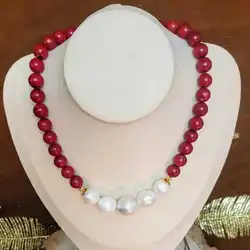 Natural Red Coral Beads White Baroque Pearls Necklace 18 inches Natural Charm Fashion Wedding Dragon Heart Reiki Wholesale