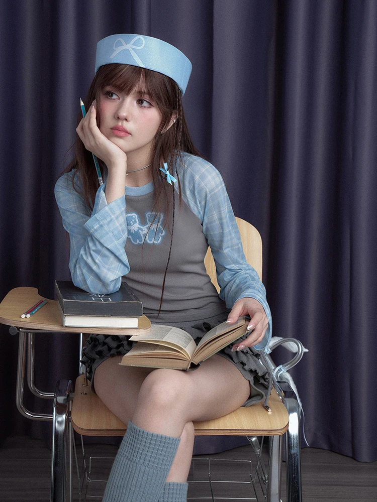 

SagiDolls Girl's Long Sve T-irt oulder Insert Plaid Splicing Cute Bear Pattern Casual Sle Versatile White Enhancing