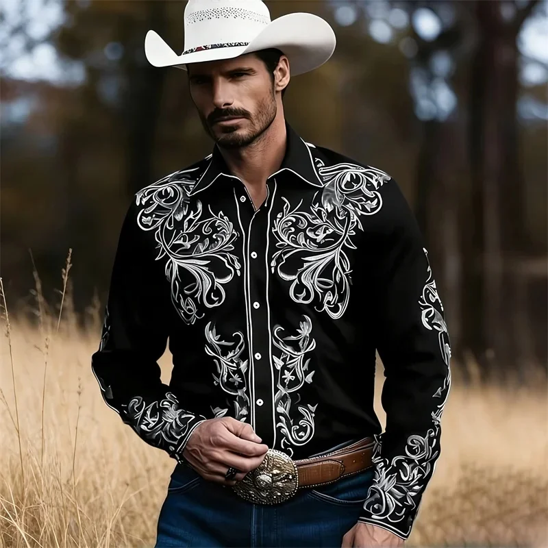 2026 New Men's Shirt, Western Cowboy Style, Retro Print, Long-Sleeve Shirt, Slim Fit, Retro Casual Men's Top