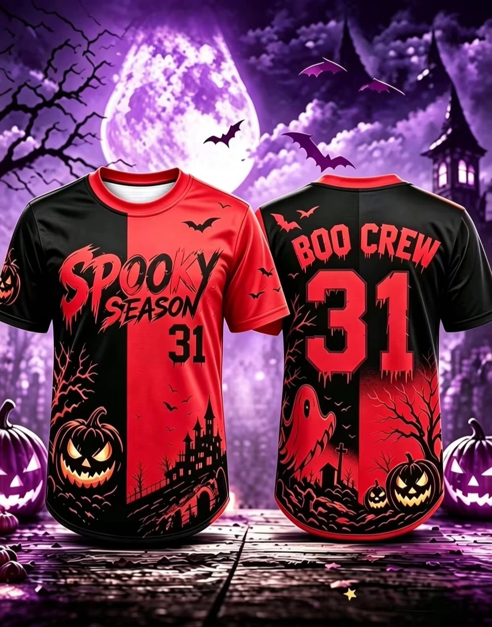 2026 Red Black Split Halloween 3D Printed Jersey Spooky Season Boo‑Crew Pumpkin Ghost Bat Gothic Fall Party Sports Tees