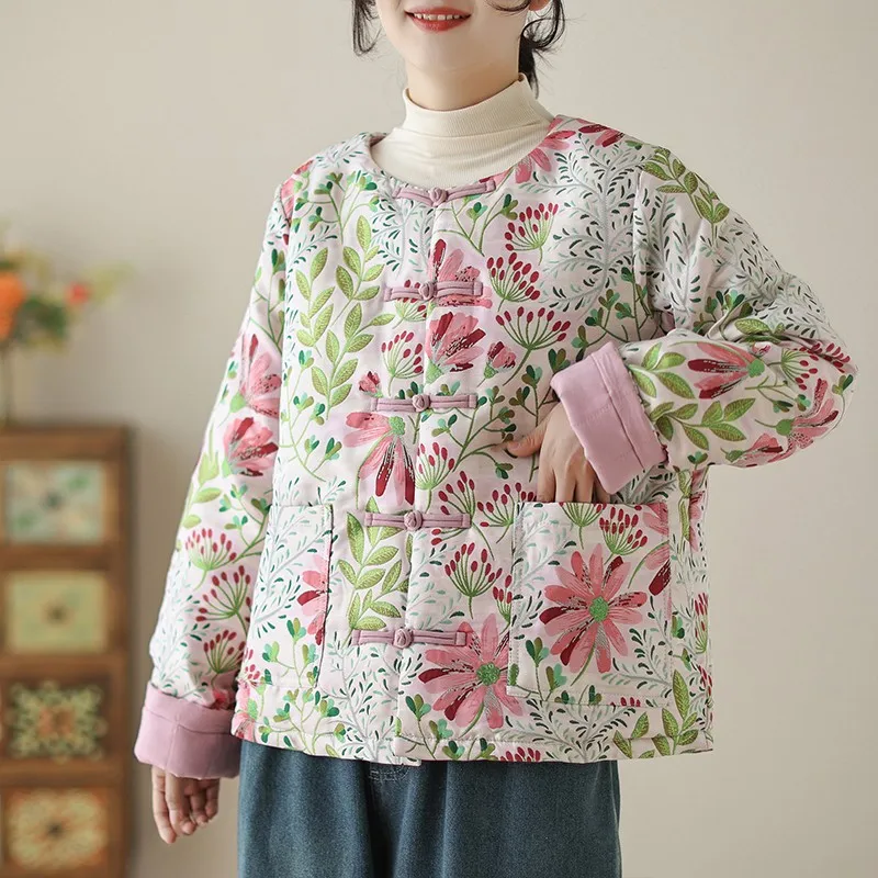 Thick Warm Quilted Coats Women New Arrival 2024 Winter Chinese Style Vintage Floral Print Female Casual Padded Jackets B2030