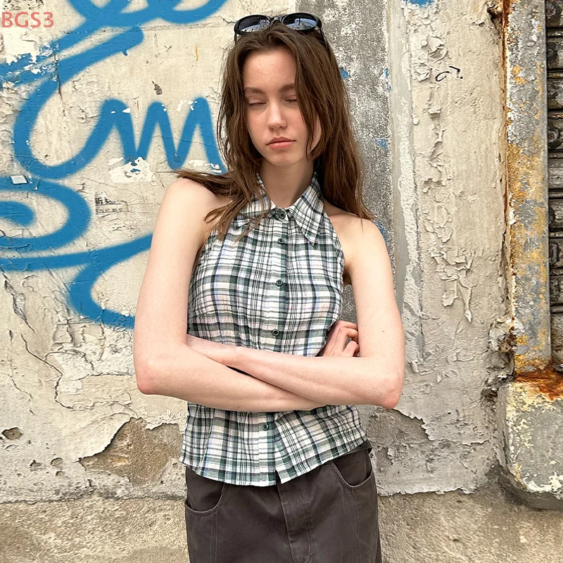 

Сексуальная милая клетчатая рубашка без рукавов с отложным воротником, женский летний топ с открытой спиной