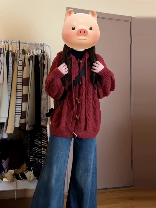 Laid-ba Sle Neujahr, rot, geknöpfter Kapuzenpullover, Strickpullover, Mantel, Damen, Herbst und Winter, 2022, neue gestrickte offene Strickjacke