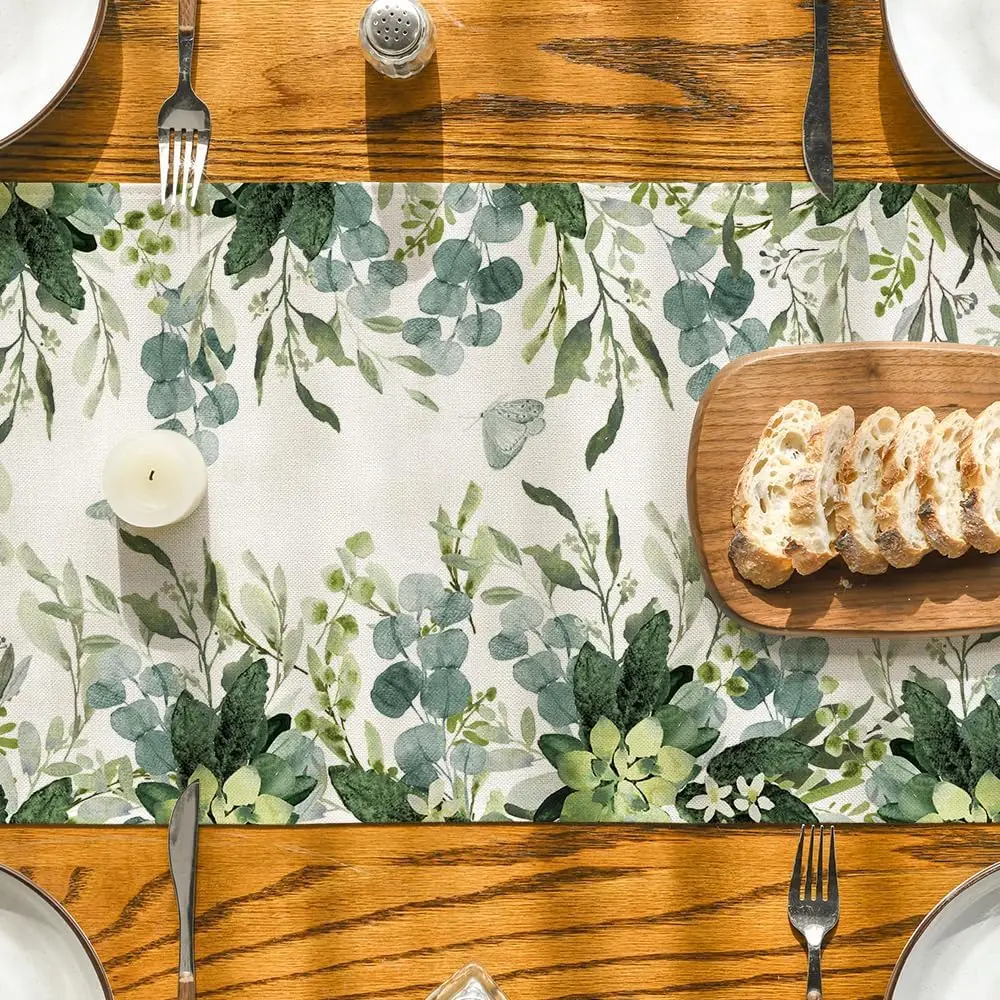 Spring Green Flowers Eucalyptus Linen Table Runner Holiday Party Decor Farmhouse Kitchen Dining Table Runner Wedding Decoration