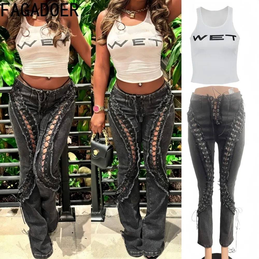 

FAGADOER Fashion 2 Pieces Set for Woman Outfit Letter Print Patchwork Sleeveless Backless Crop Top and Pants Female Streetwear