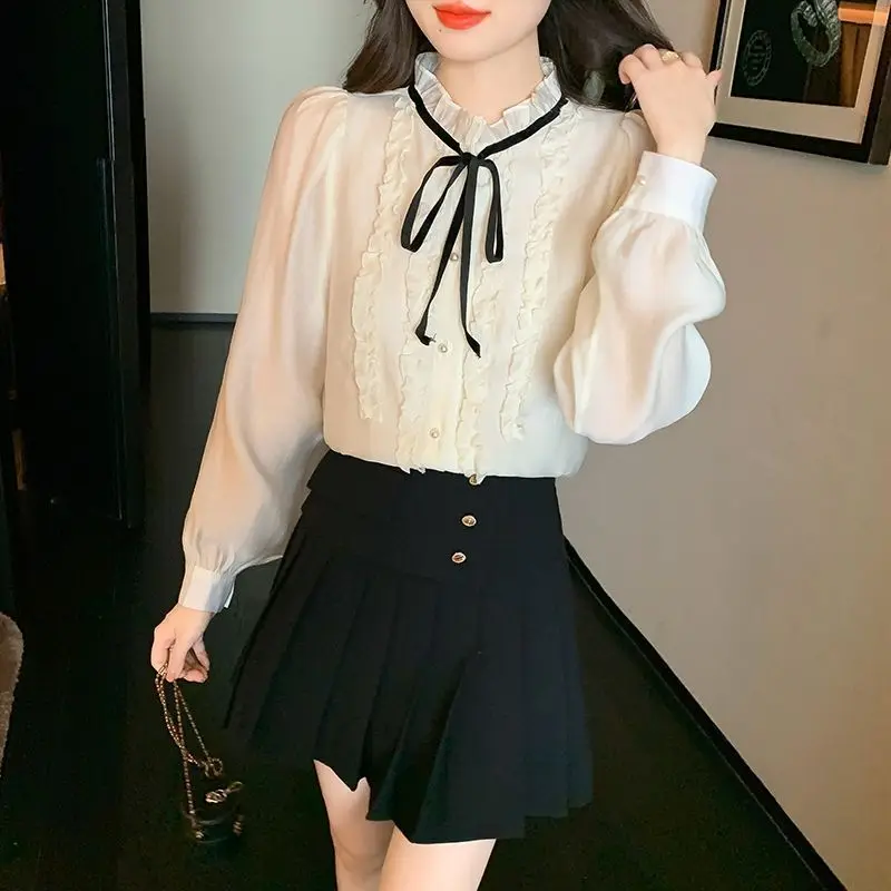 Women Ruffled Lace Up Sweet Chic Button Up Shirt Spring Autumn Fashion Elegant Blouse Casual Solid Long Sleeve Top Female Blusas