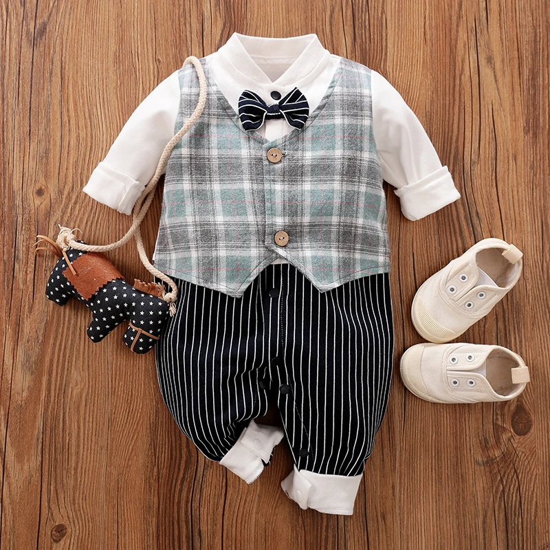 Spring and Autumn Baby Boy Plaid Gentleman Tie Outfit Newborn Toddler Long Sleeve Handsome Jumpsuit Suits Cotton 0-18 months set