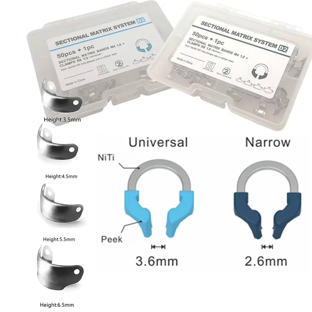 Set Dental Matrix Bands Clamps Set Sectional Contoured Matrix System Metal Matrices with Nickel Titanium Clamping Rings