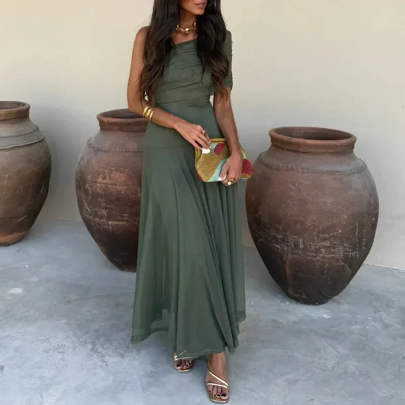 Printemps nouveau creux Slash cou balançoire longue robe femme Sexy épaules nues épissé maille robe de bal été dos nu plissé Maxi robe