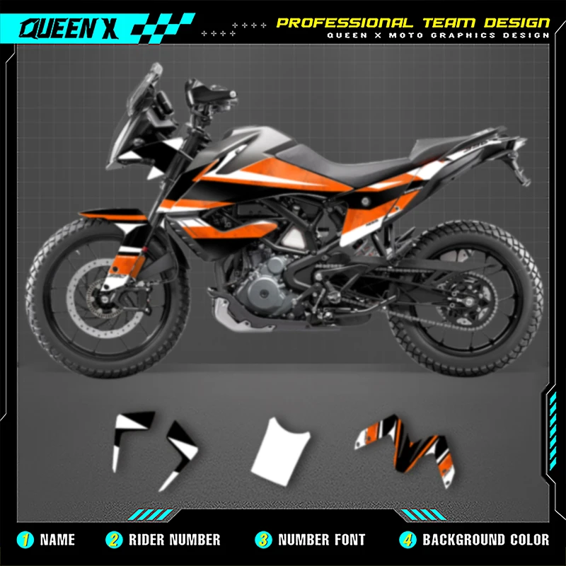 

Queen X MOTOR Graphics Decals Stickers Kits For KTM ADV390 2022 2021 2020 Motorcycle Accessories Numer Name Custom 005