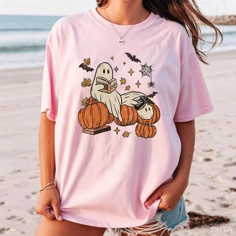 Halloween Ghost Reading Book Pumpkin Spider Graphic Womens T Shirt Retro Fall Short Sleeve Tee Soft Cotton Loose Autumn Top