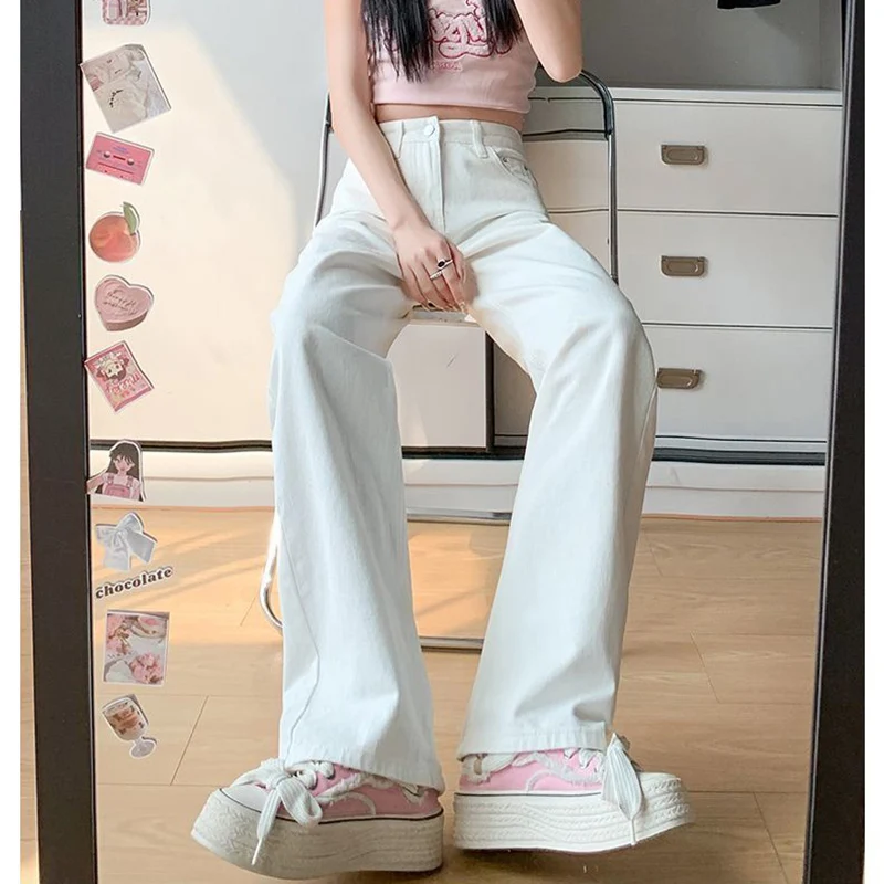 Pantaloni jeans a gamba dritta stretta bianca femminile Pantaloni classici in denim a vita alta da ragazza Pantaloni casual alla moda coreana da donna