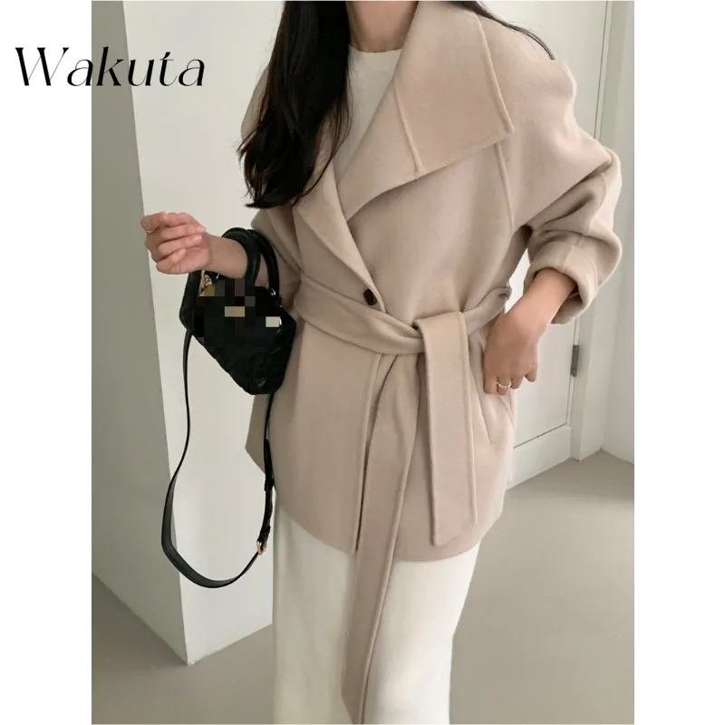 WAKUTA Japanese Classic Lapel Long-sleeved Short Blends Fashion Single-breasted Slim Jackets Commuter Ladies Wool Пальто Женское