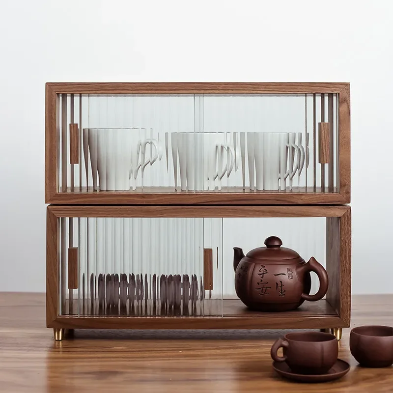 Black Walnut Wood Dustproof Cup Storage Box Desktop Tea Set Organizer Countertop Storage Cabinet for Home Sideboard