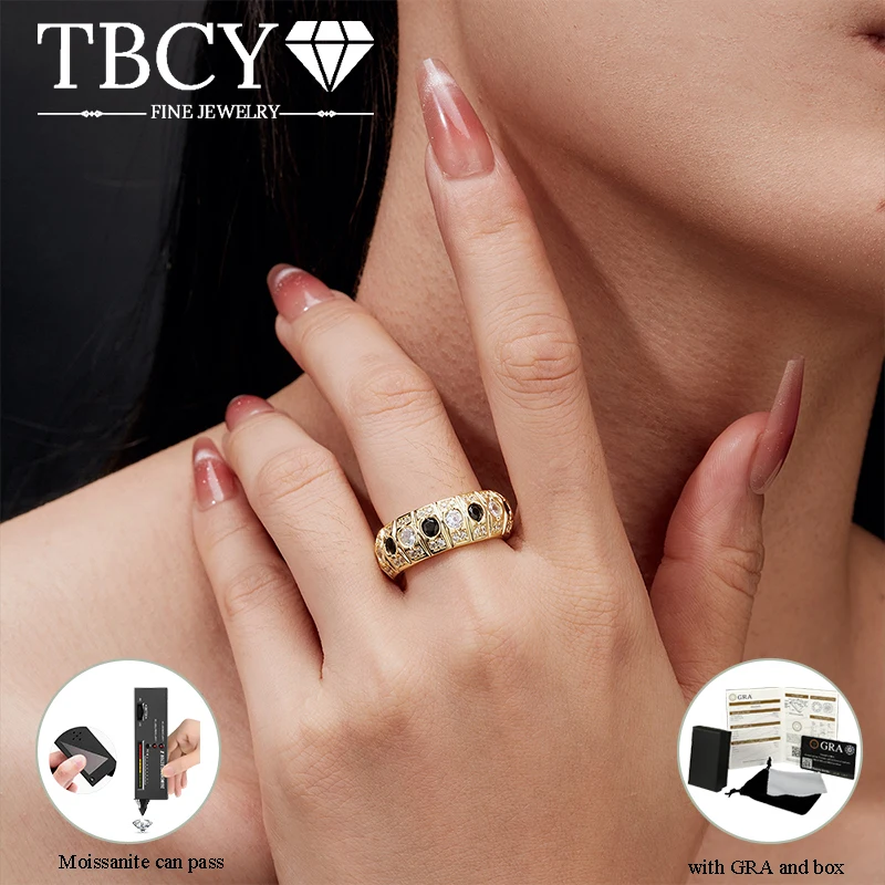 

TBCYD Vintage Black and White Moissanite Rings for Unsex Real 925 Silver Eternity Band Elegant Plated 18k Engagement Jewelry