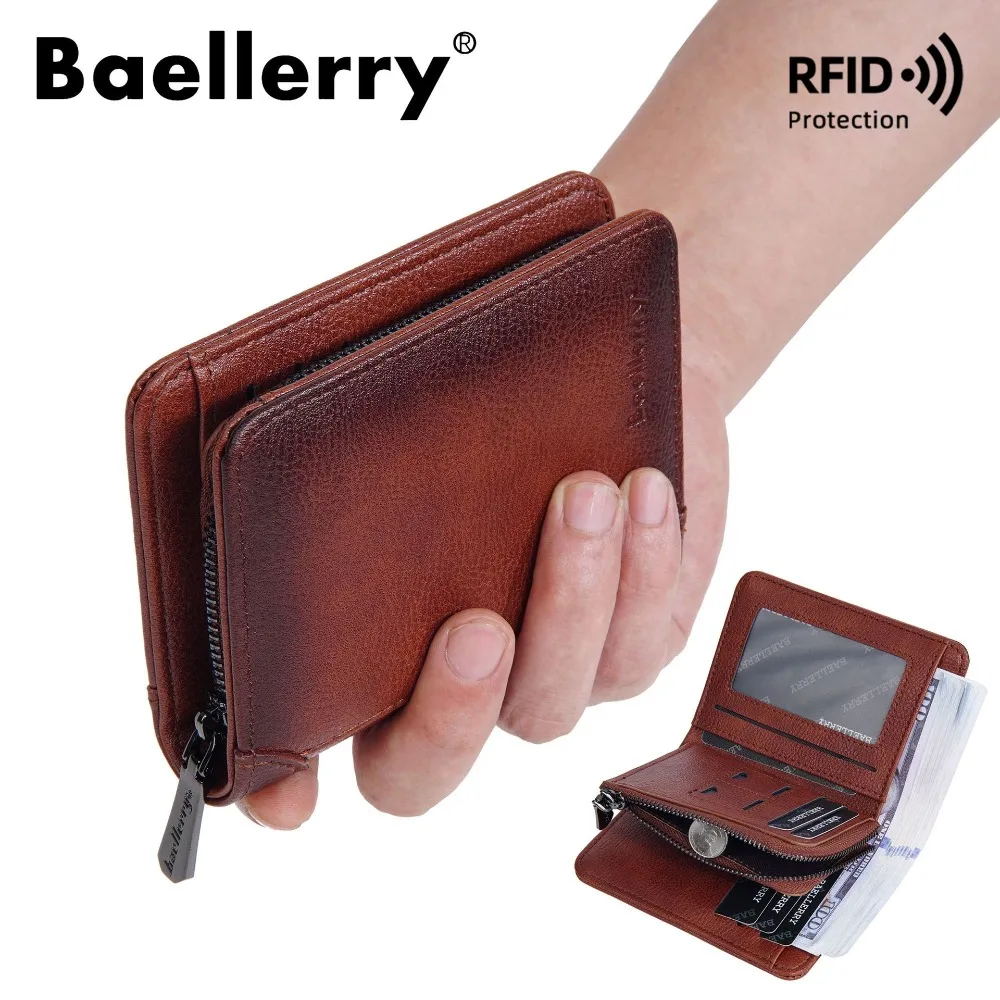 Portefeuilles courts pour hommes Baellerry, portefeuilles en cuir RFID à trois volets pour homme avec fenêtre d'identification et porte-cartes de crédit, sac à main vintage tendance