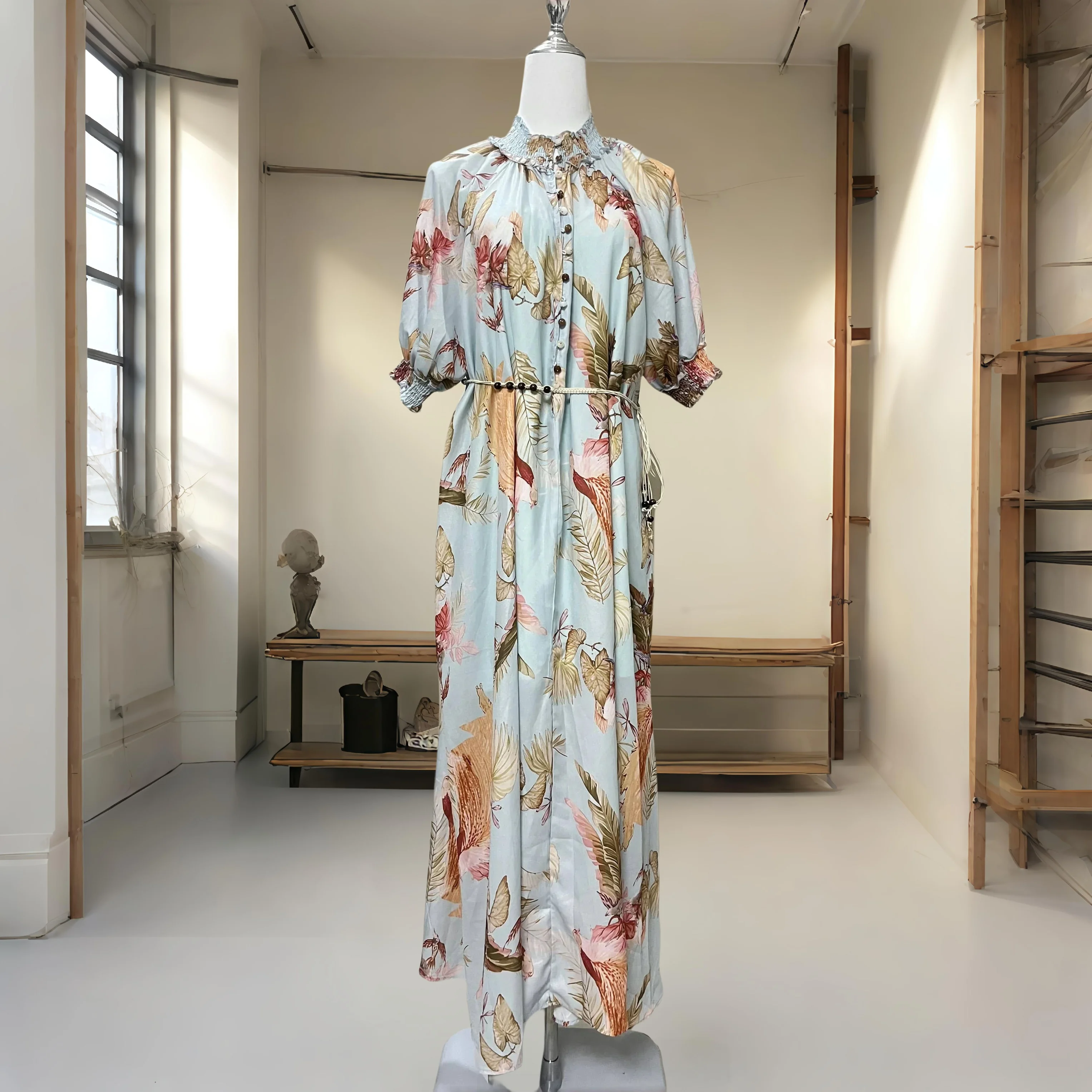 

，2025 New Holiday Style Printed Stand Collar Single-Breasted Oversized Long Vacation Dress