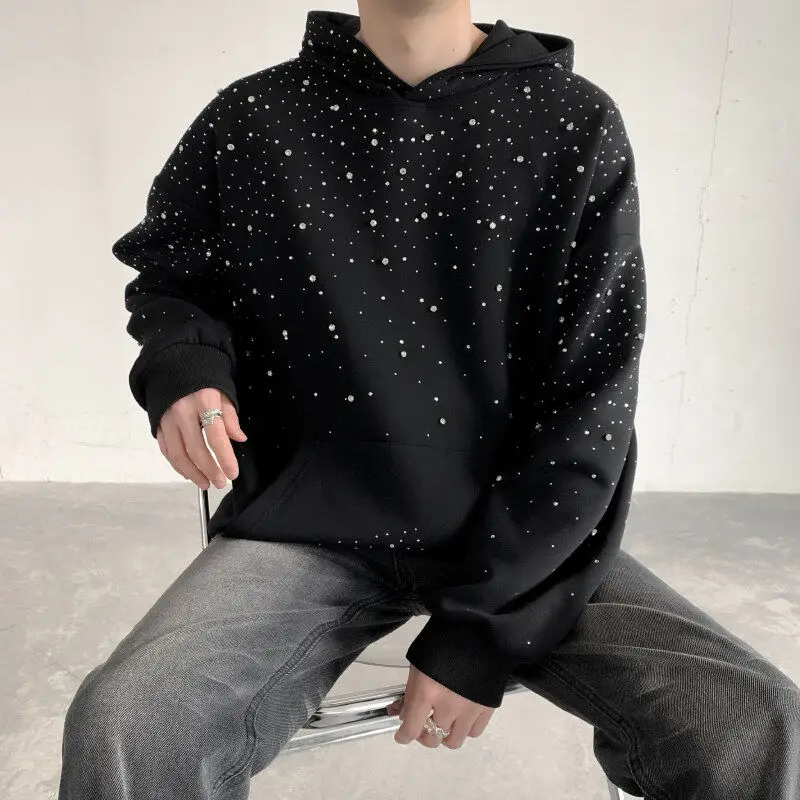 

Spring 2025 Men's Hoodie Korean Sle Trendy Loose Star Heavy Du Rhinestone Padded oulder Couple Hood irt Casual Top