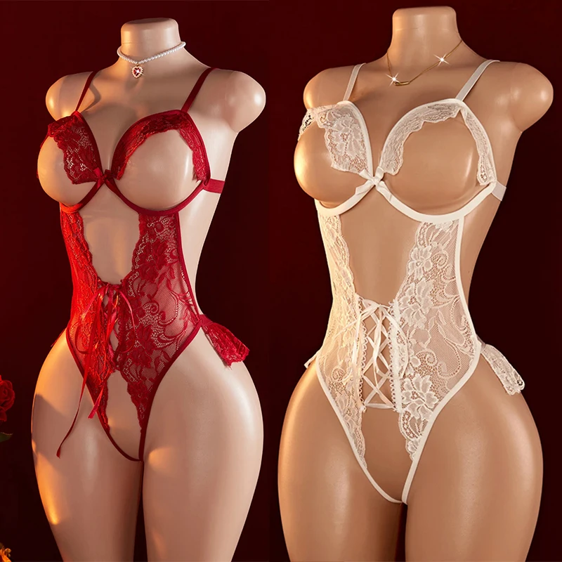 

Erotic Lace Lingerie Sexy Crotchless Hollow Bodysuit Women Mesh Open Bra Sexy Costumes Deep V Open Teddy Baby Doll Dress