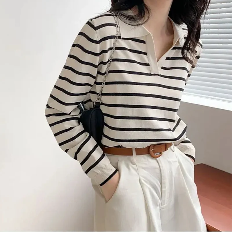 Sleeve T-shirt Old Money Style Pullover Casual Office Lady V-neck Striped Knitted Top Women Autumn Slim Korean Long