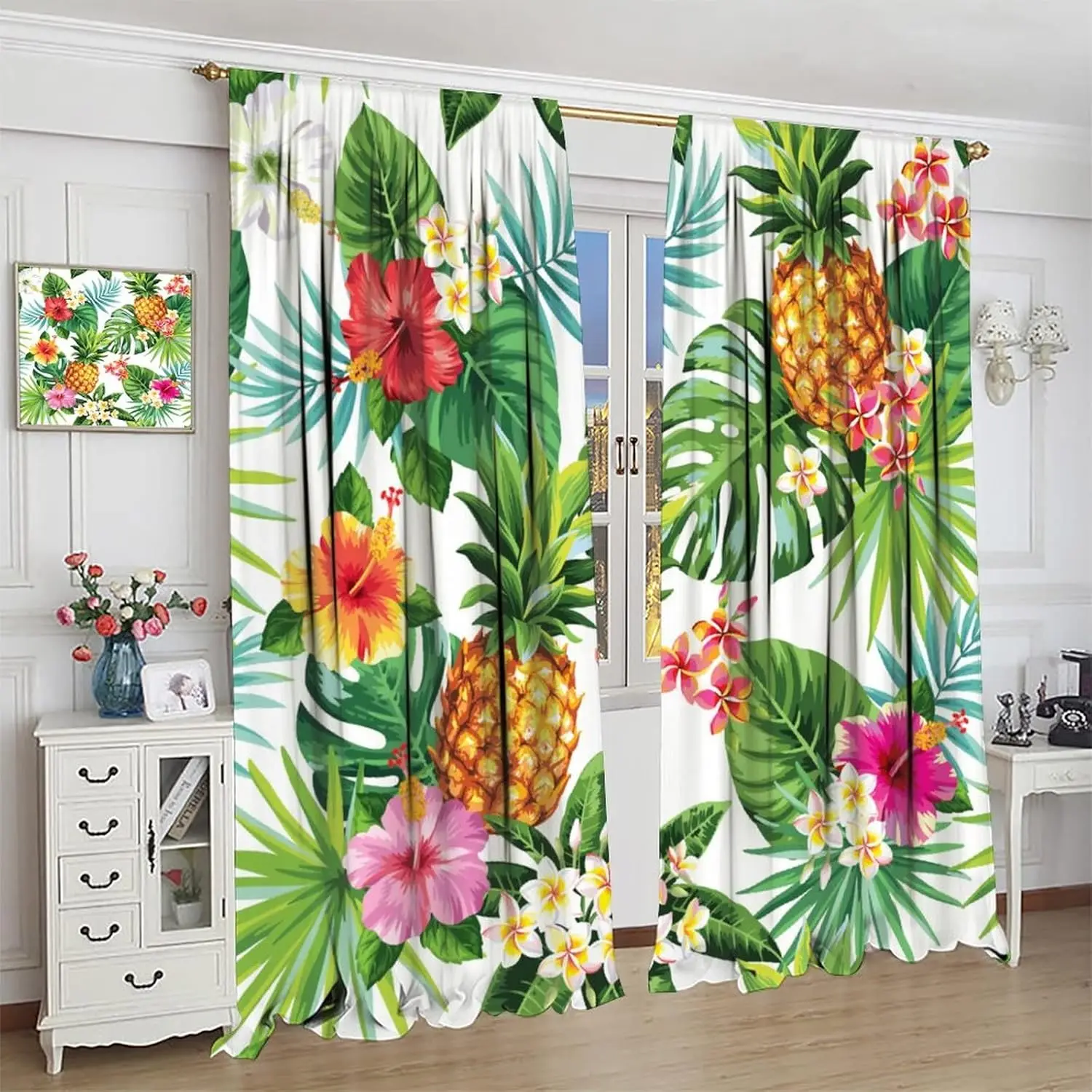 Tropical Curtains, Summer Tropical Pattern Pineapple Palm Leaves and Flowers, Living Room Bedroom Decorative Curtains
