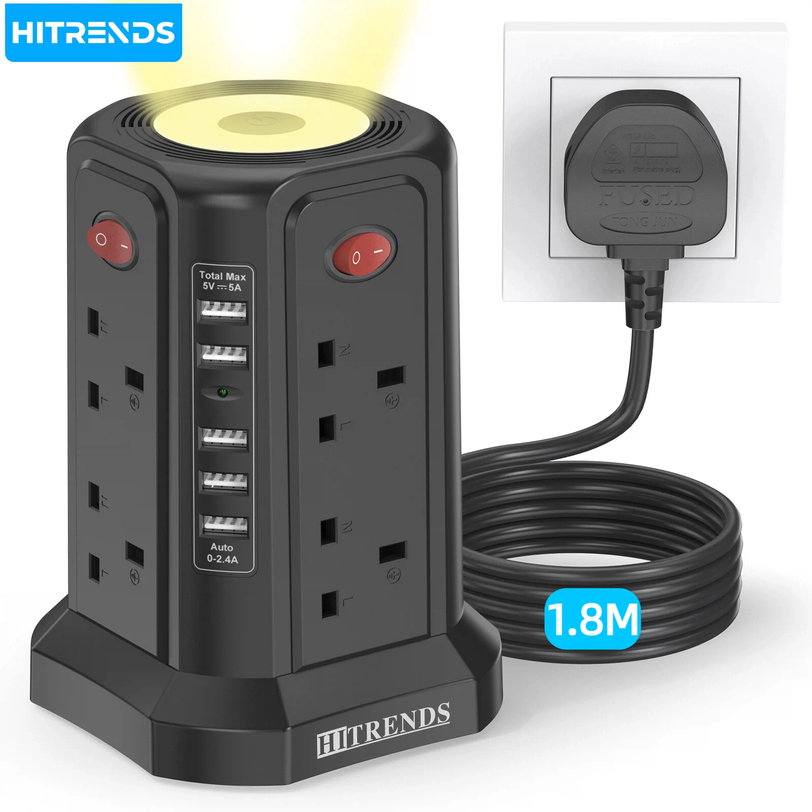 HITRENDS 13-in-1 multi-functional tower power strip with LED night light, 8AC+5USB fast charging, 4 independent switch sockets