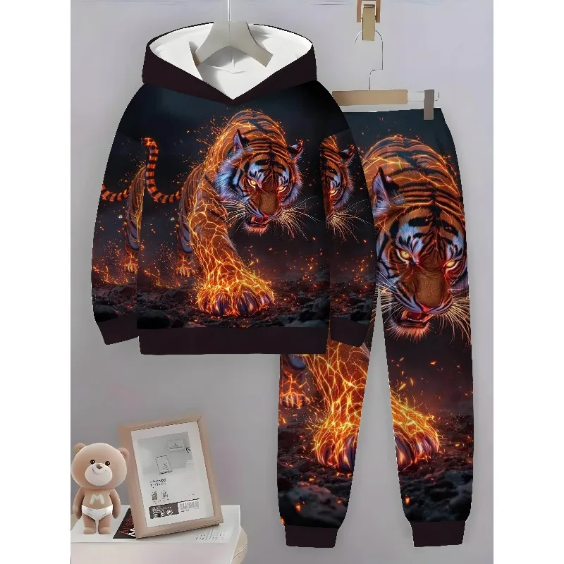 Мужской комплект Толстовка с 3D принтом тигра, комплект из 2 предметов. Простой и модный, подходит для осенних и зимних сезонов.