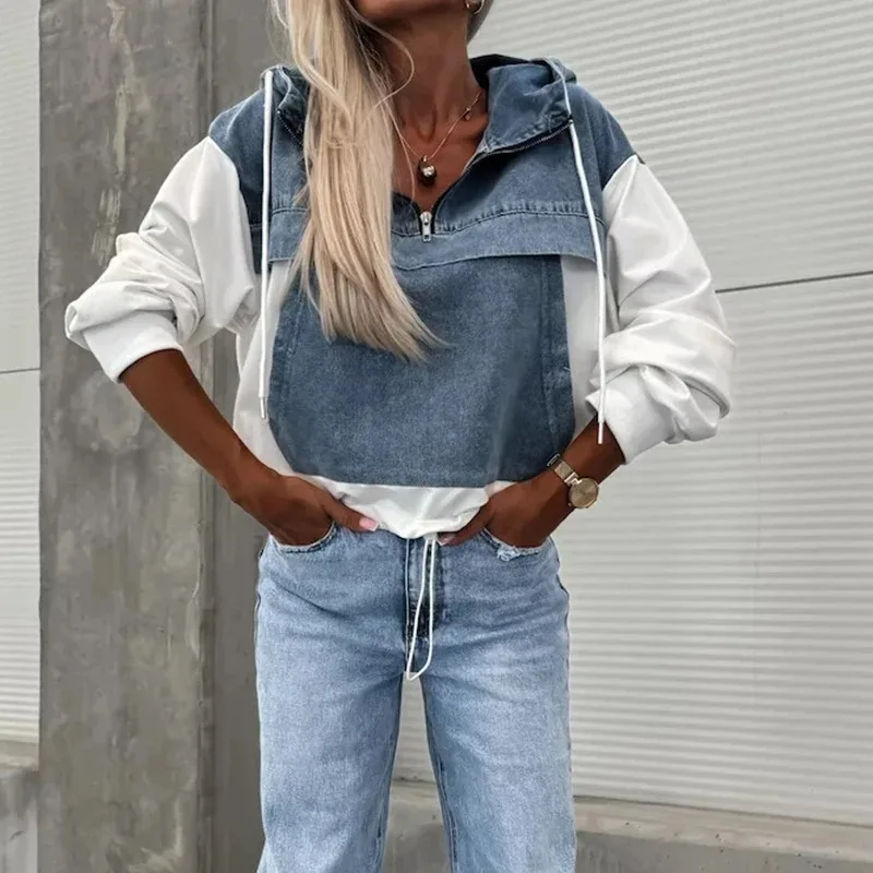 Elegant Women Denim Female Hoodie Sweatshirt 2024 Fashion Stitching Drawstring Hooded Ins High Street Jeans Long Sleeve Hoodie