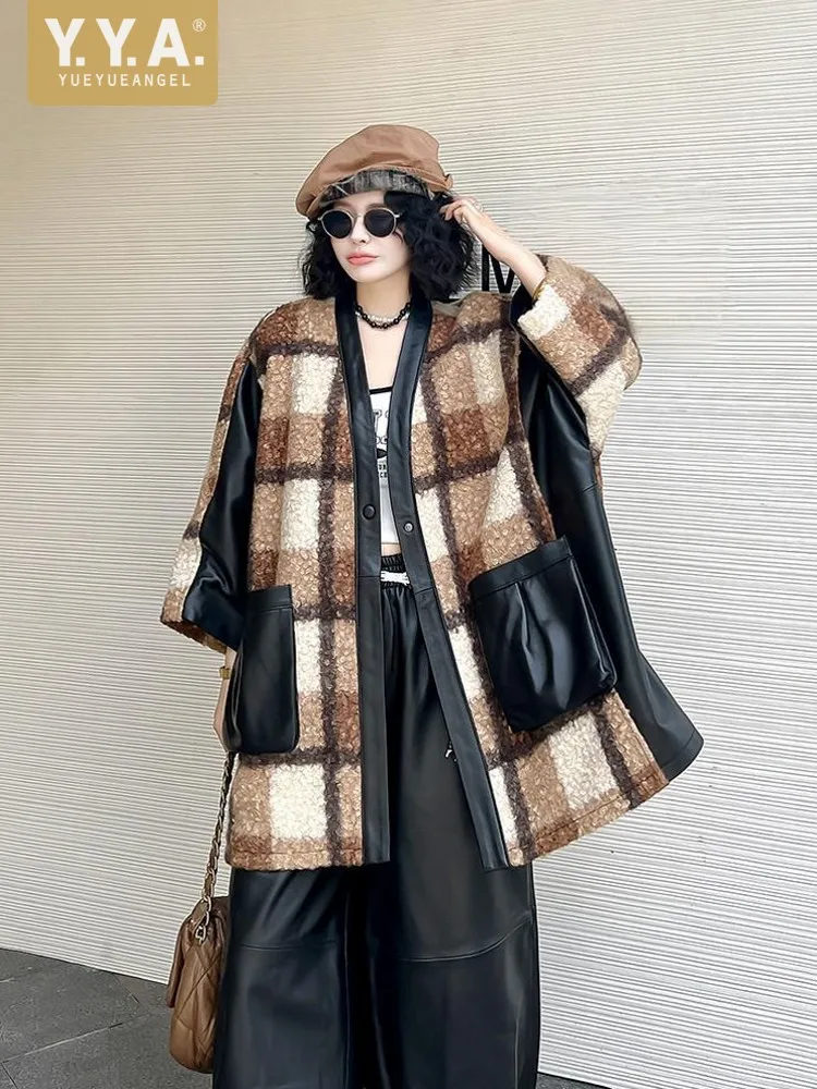 New Autumn Winter Fashion Lady Patchwork Overcoat Versatile Leopard Print Long Jacket Single Breasted Loose Fit Casual Outerwear