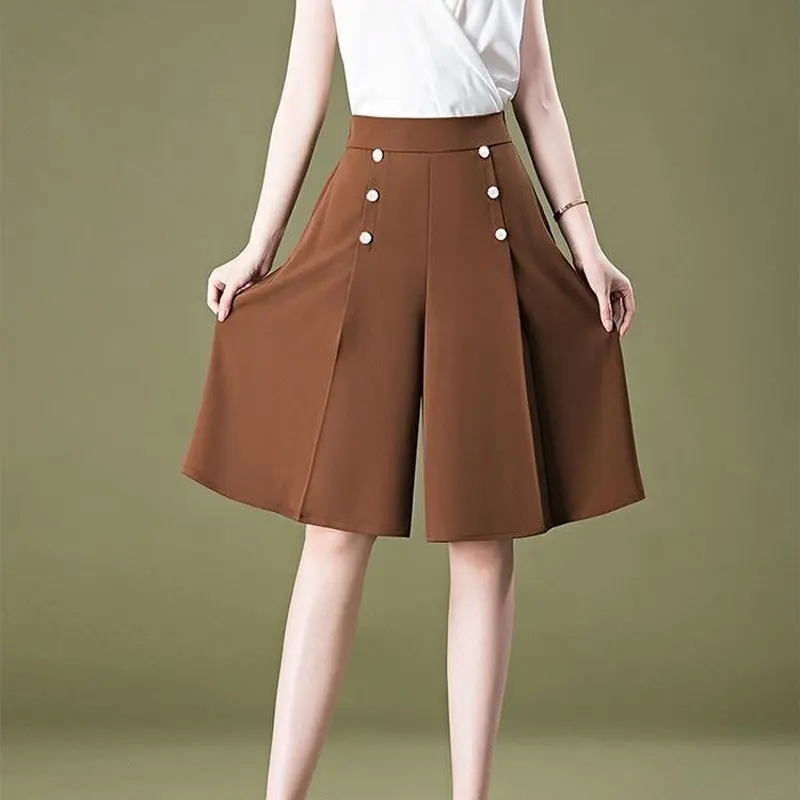 Office Lady High Waist Elastic Shorts Skirts Summer Solid Color Basic Female Clothing Stylish Button Loose Straight Knee Pants