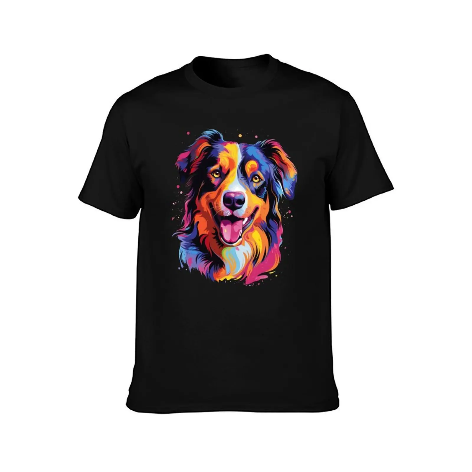 colorful Australian Shepherd dog T-Shirt, Summer Casual Cotton Tee, Oversized Streetwear Tops, Vintage Graphic Print