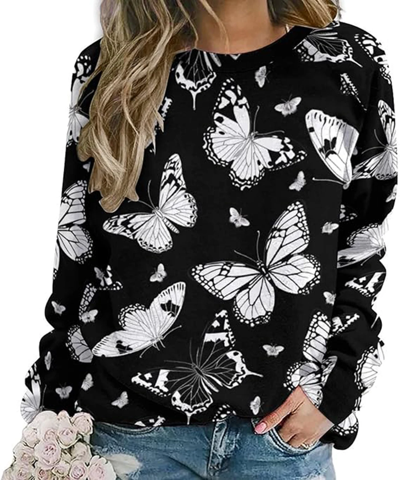 

Женские толстовки с котом и бабочкой, осенние модные повседневные пуловеры с круглым вырезом, топы в стиле бохо, футболки с длинными рукавами и цветочным рисунком