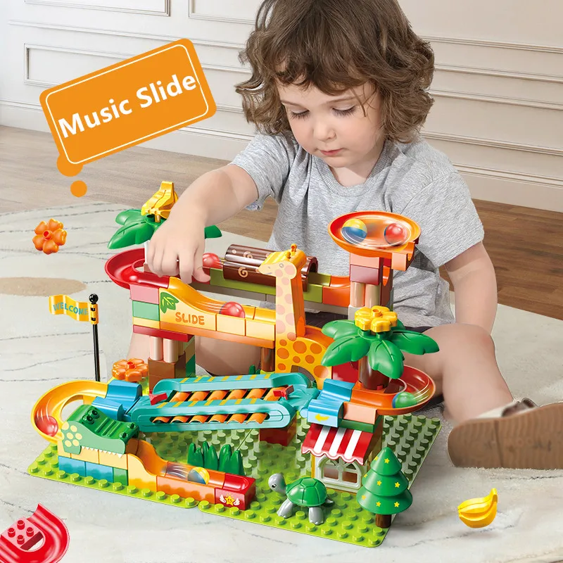 109PCS Big Marble Race Run Building Blocks Set Piano Slide Giraffe Crocodile Tunnel Part Eductional Toys for Children Compatible