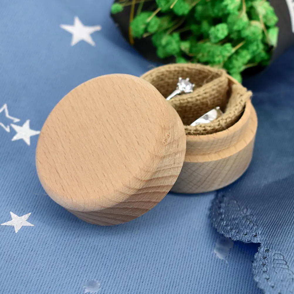 Wooden Ring Box Small Round Portable Ring Case for Wedding Engagement Proposal Rings Jewelry Storage Holder Gift Box
