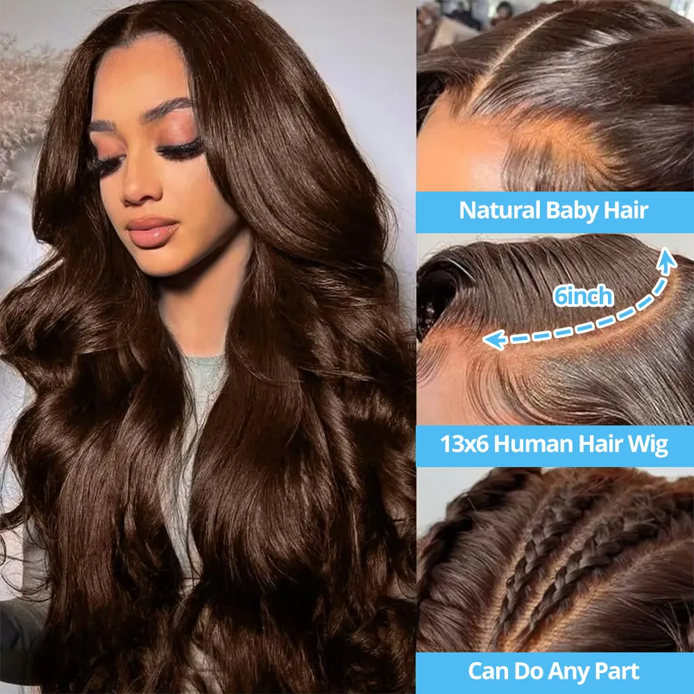 Chocolate Brown Body Wave 13x6 Lace Frontal Human Hair Wig Transparent HD 13x4 Lace Closure Wig Preplucked Brown Human Hair Wigs