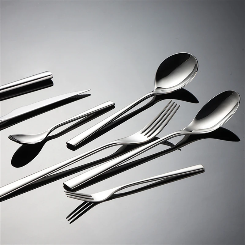 Thick Square Handle Cutlery Stainless Steel Dinnerware Sets Silver Fork Knife Spoon Teaspoon Teafork Full Table Dining Service