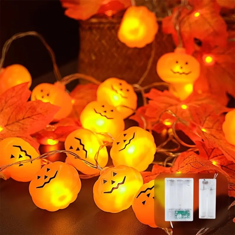 Decorative String Lights with Maple Leaves Pumpkin Designs for Halloween Thanksgiving Parties Battery-Operated LED Lights