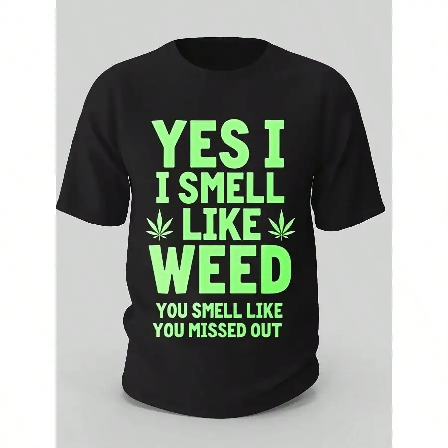

Yes I Smell Like 21 Cotton Men's Graphic T-Shirt Black with Neon Green Leaf Design Breathable Cotton Crew Neck Tee Regular Fit