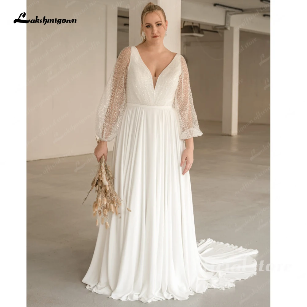 Lakshmigown Boho Chiffon Pailletten-Hochzeitskleid in Übergröße, V-Ausschnitt, Brautkleid mit langen Puffärmeln, rückenfreies A-Linien-Brautkleid – Detail 5