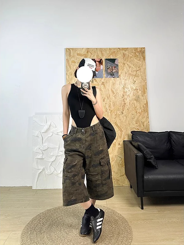 صيف جديد 2025 رقيقة التمويه الدنيم سبعة أقدام السراويل النسائية الأمريكية الرجعية Waed واسعة الساق فضفاضة الأوسط السراويل جينز غير رسمي #4