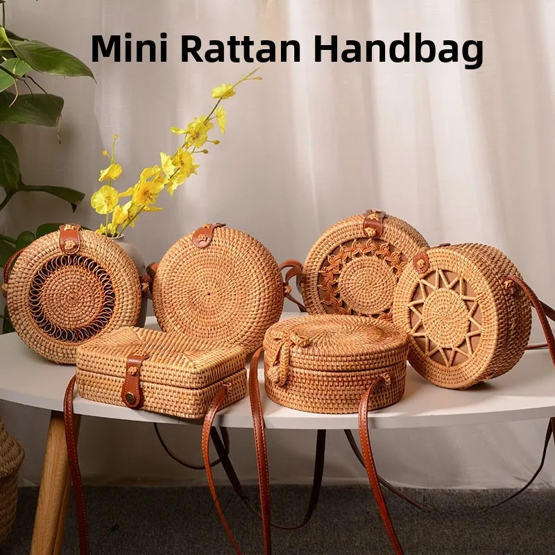 Ins Large Handwoven Rattan Beach Bag 9 Styles Circular Vacation  Crossbody Basket Handbag Women's Fashion Accessories