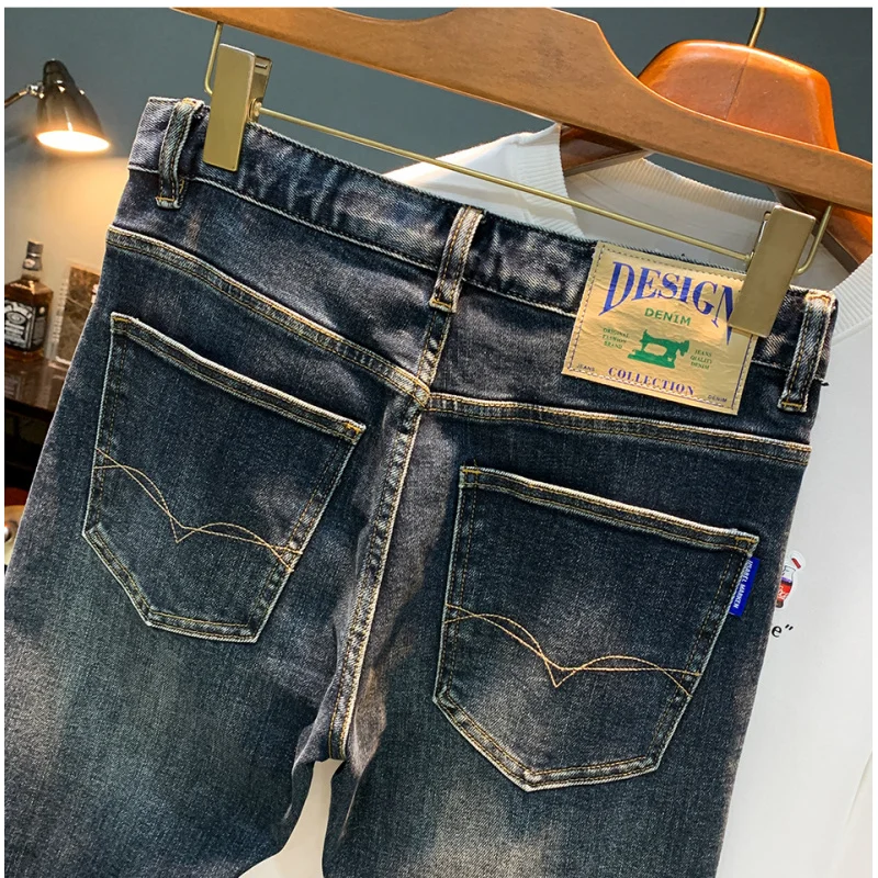 High-end herenjeans, herfsttrend 2022, gewassen Amerikaanse casual kleine rechte elastische broek heren